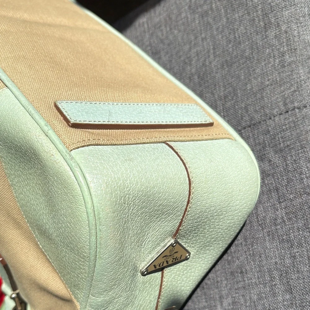 Prada Tan Canvas Shoulder Bag with Sage Green Trim